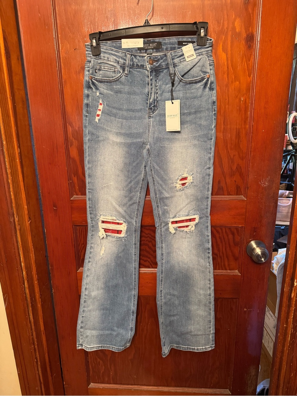 Judy Blue Light Blue Flare Jeans with Red Patch Details